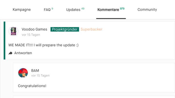 Kommentar eines Gründers bei Kickstarter: 'Wir haben es geschafft! Ich bereite die Update-News vor!'